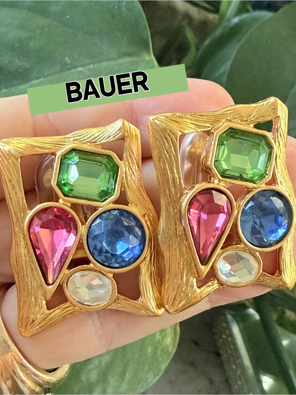 MULTI COLOR CRYSTAL EARRINGS -Signed-BAUER ✨Clip-On✨FUN CANDY CRYSTAL DESIGN ✨